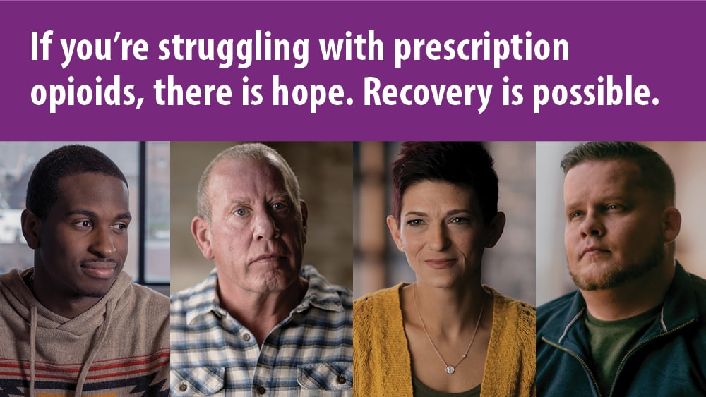 Photo collage of Tele, David, Tessa, and Britton with text "If you're struggling with prescription opioids, there is hope. Recovery is possible."